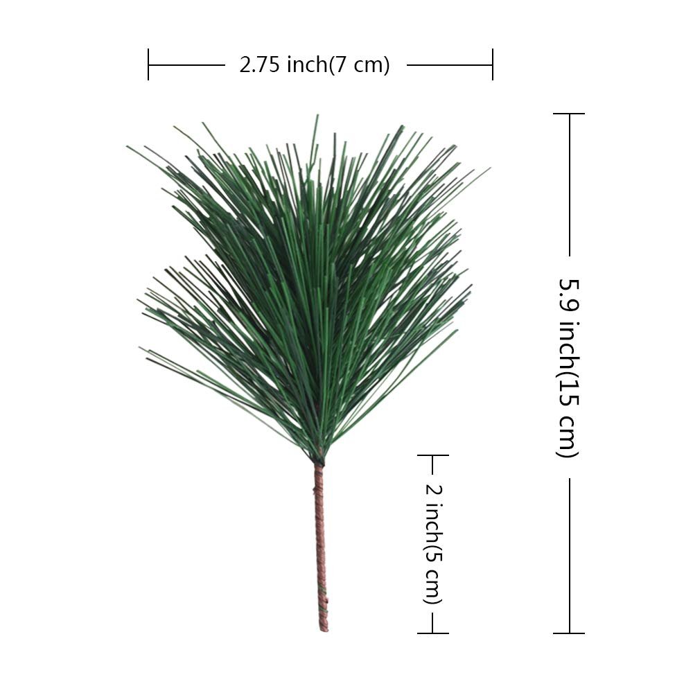 Artificial green pine needle stem with dimensions indicated by measurement lines and text.