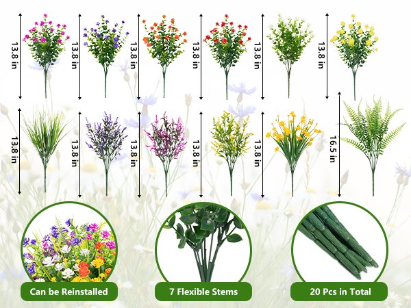 Assortment of artificial flowers and greenery stems with size and quantity callouts