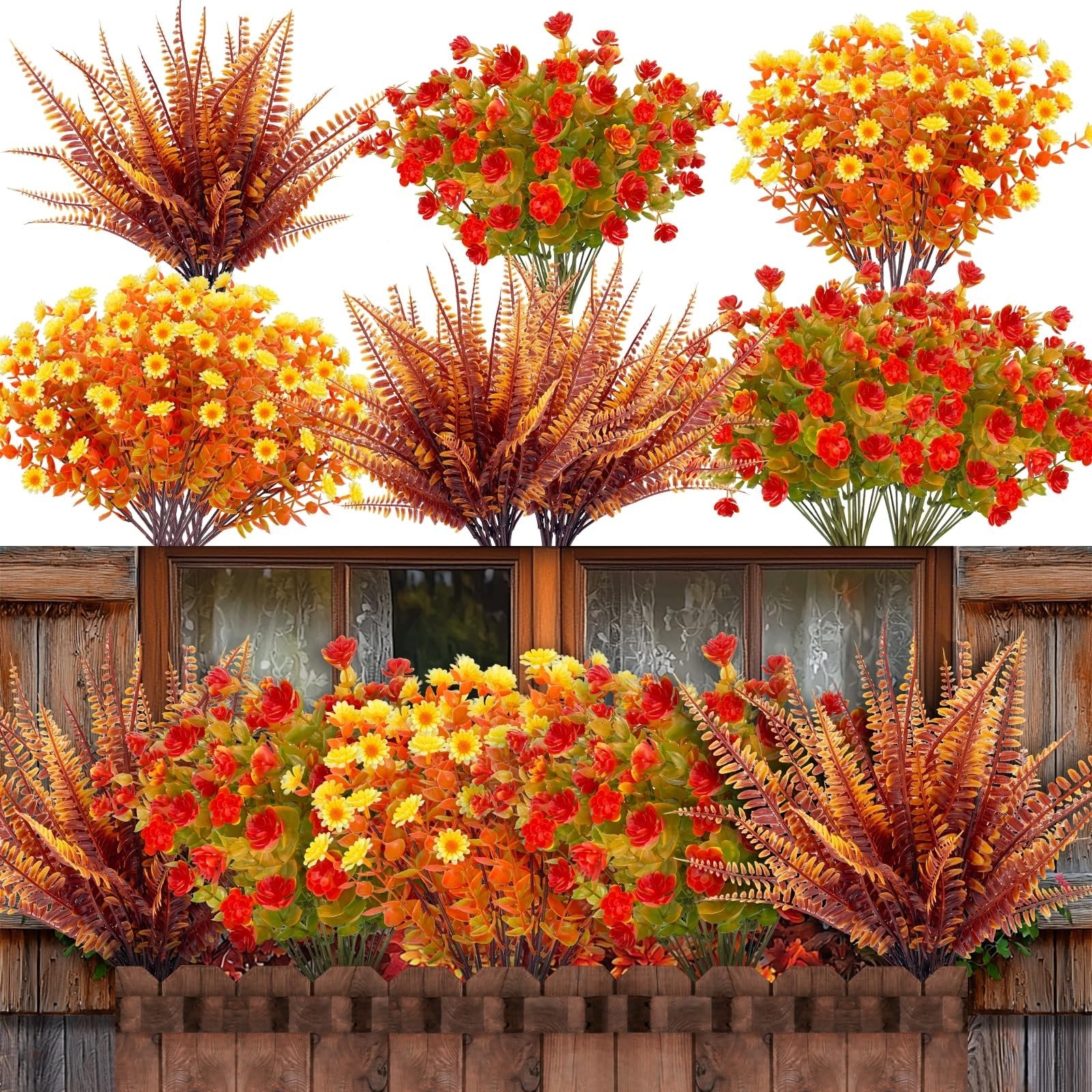 Assortment of artificial fall flowers and ferns arranged in a window box with a wooden window frame.