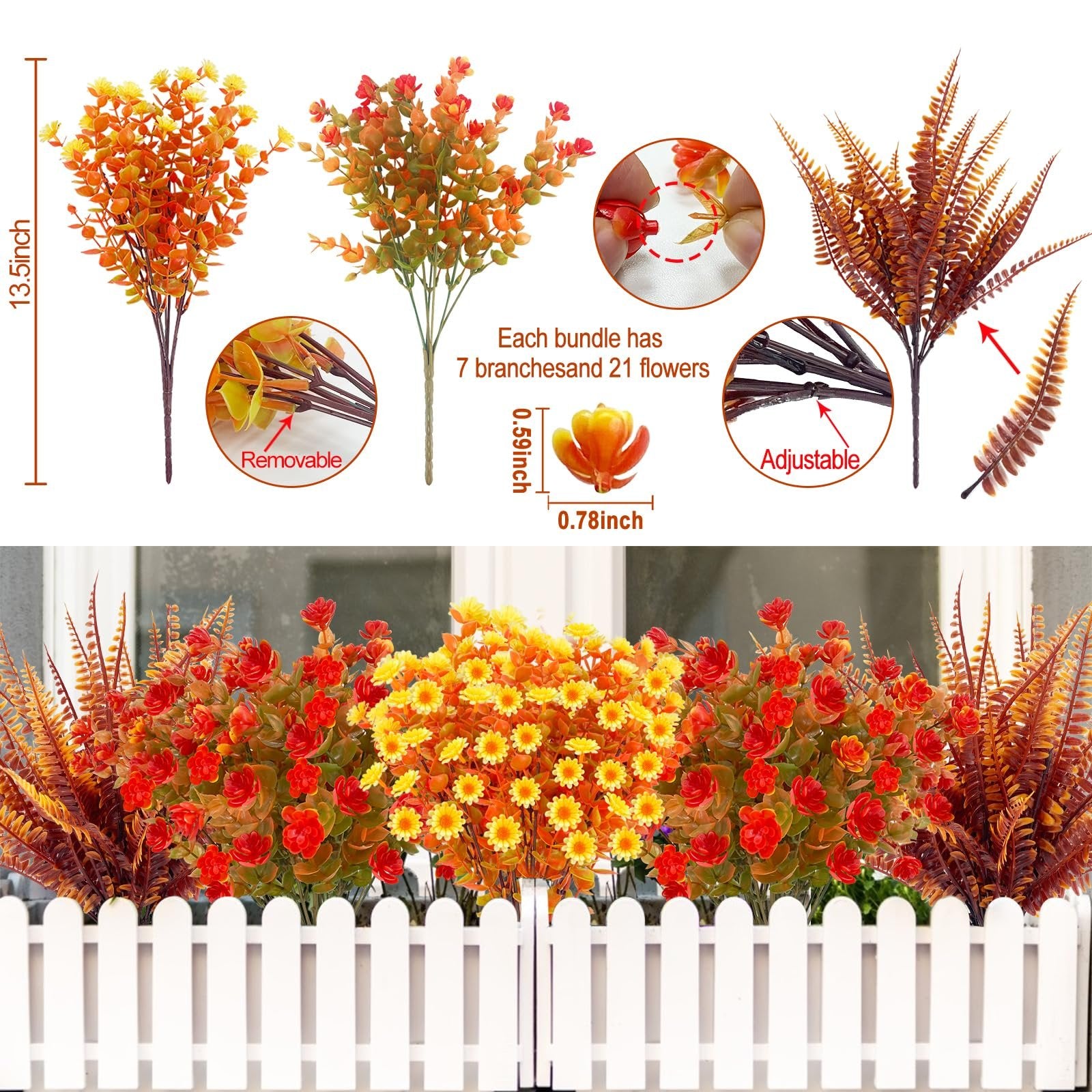 Assortment of artificial fall flowers and ferns in red, orange, yellow, and brown hues, displayed in a white picket fence planter.