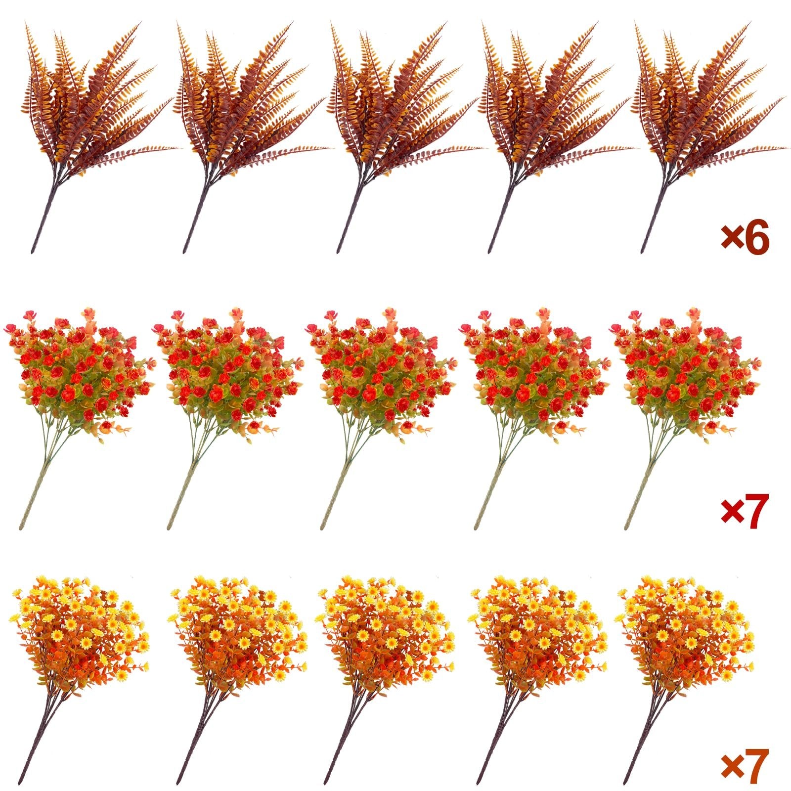 Assortment of artificial fall flowers and foliage stems in brown, red, and yellow hues, arranged in rows on a white background.