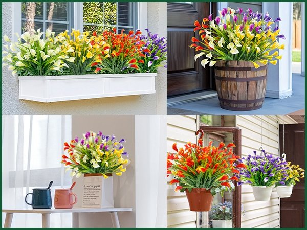 Collage of artificial calla lily flower arrangements in various outdoor and indoor settings.