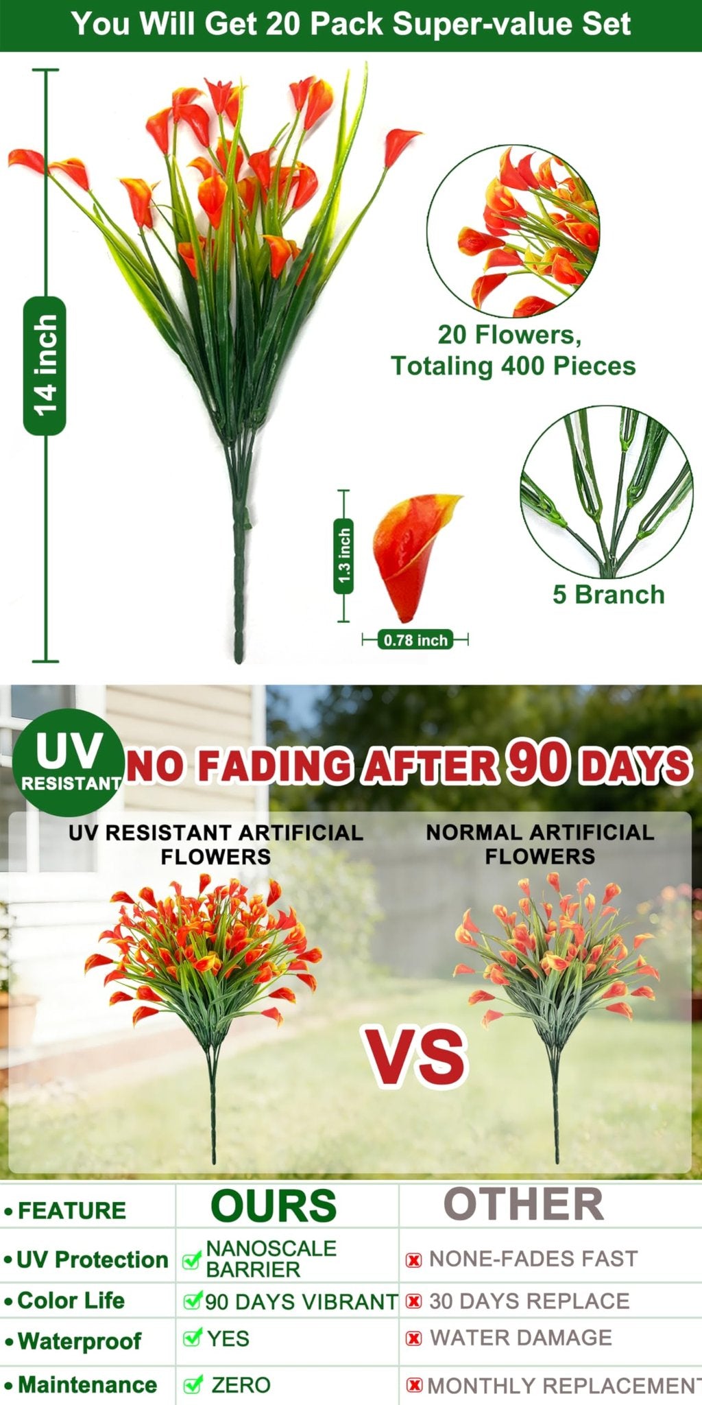 Artificial calla lily flowers with green stems, showing dimensions and comparison to normal flowers.