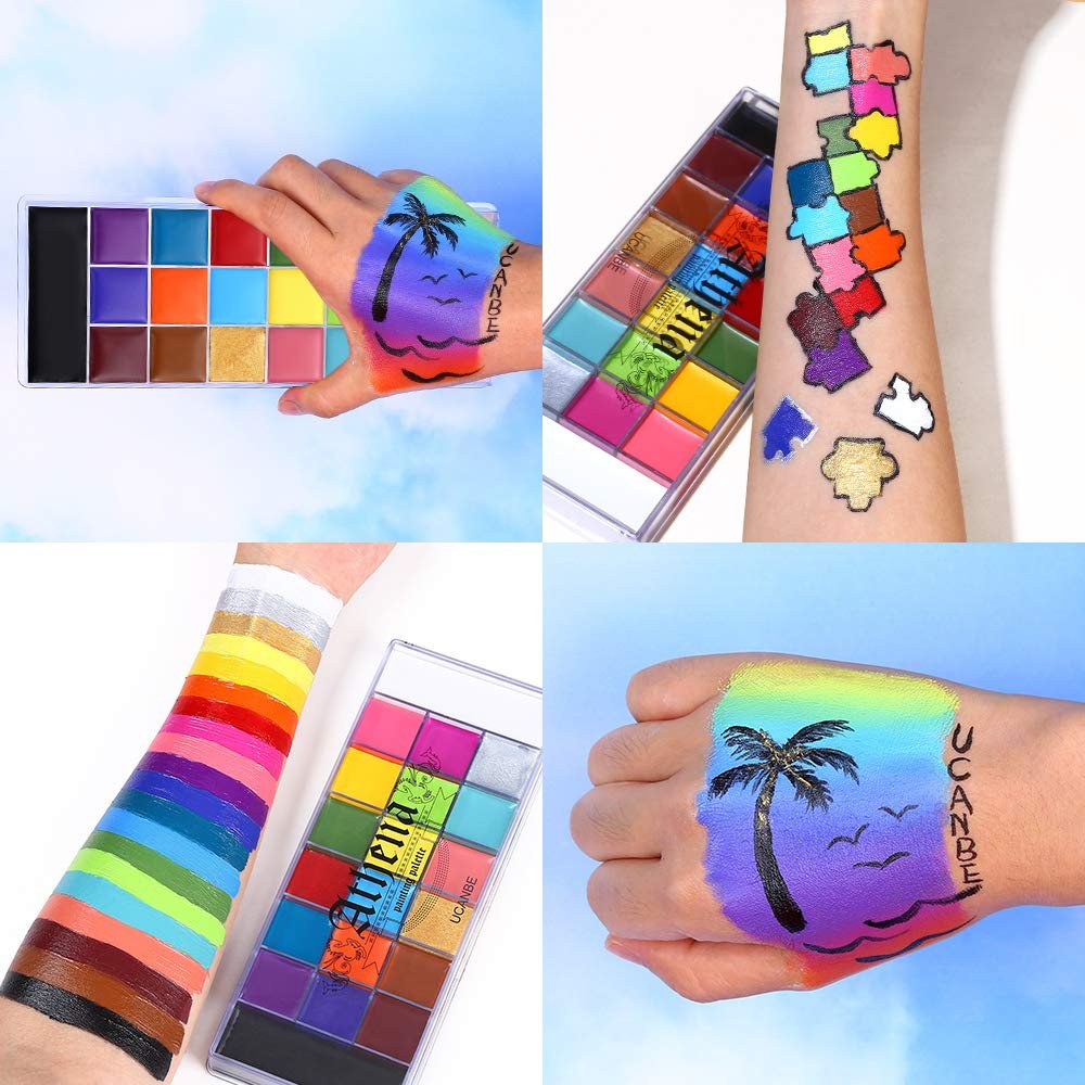 Collage of face and body paint palettes with swatches on skin. One palette shows 20 colors, another shows swatches on an arm.
