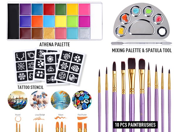 Face and body paint kit contents including a 20-color palette, mixing palette, spatula, tattoo stencils, and paintbrushes.