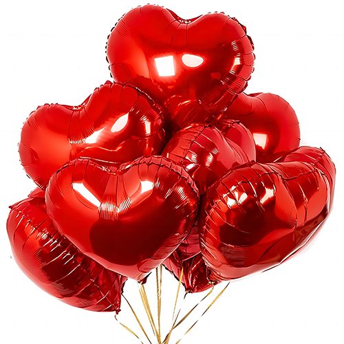 Cluster of red heart-shaped foil balloons on gold ribbons against a white background
