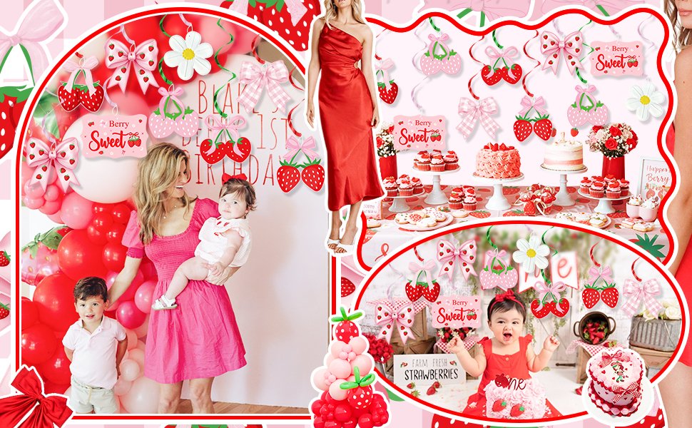 Strawberry themed birthday party with hanging decorations, balloons, cake, and people.