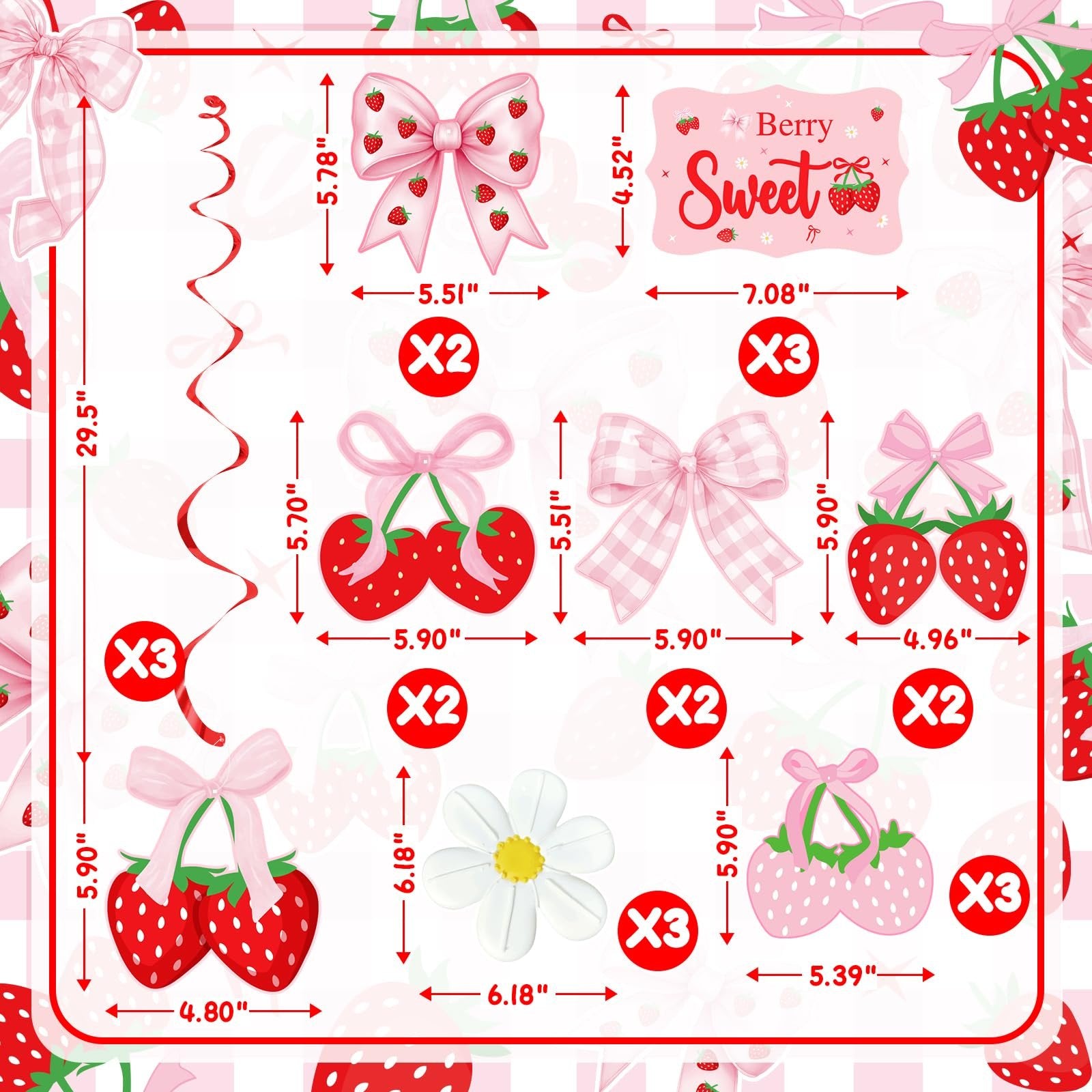 Strawberry bow hanging swirl decorations with dimensions and quantity callouts on a pink checkered background.