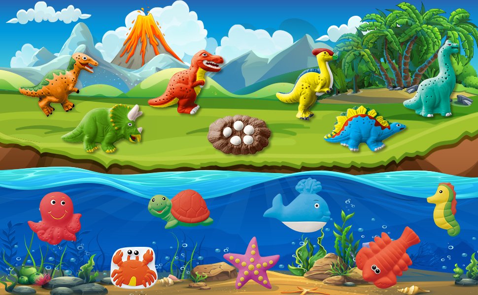 Dinosaur and sea creature figurines arranged in a prehistoric landscape and underwater scene.