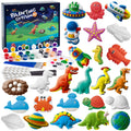 Painting gypsum set with various figurines including dinosaurs, sea creatures, and space objects, along with paints and brushes.