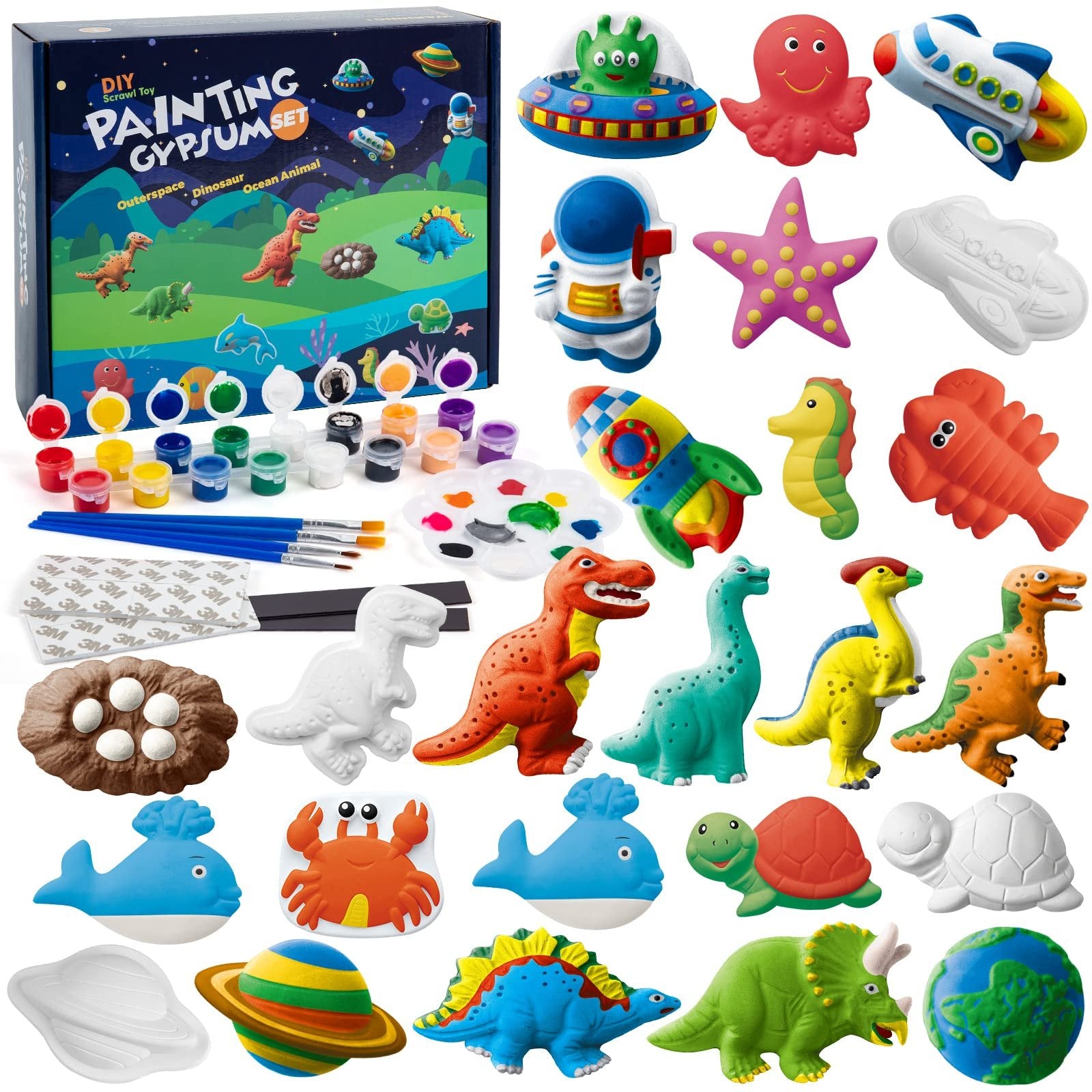 Painting gypsum set with various figurines including dinosaurs, sea creatures, and space objects, along with paints and brushes.