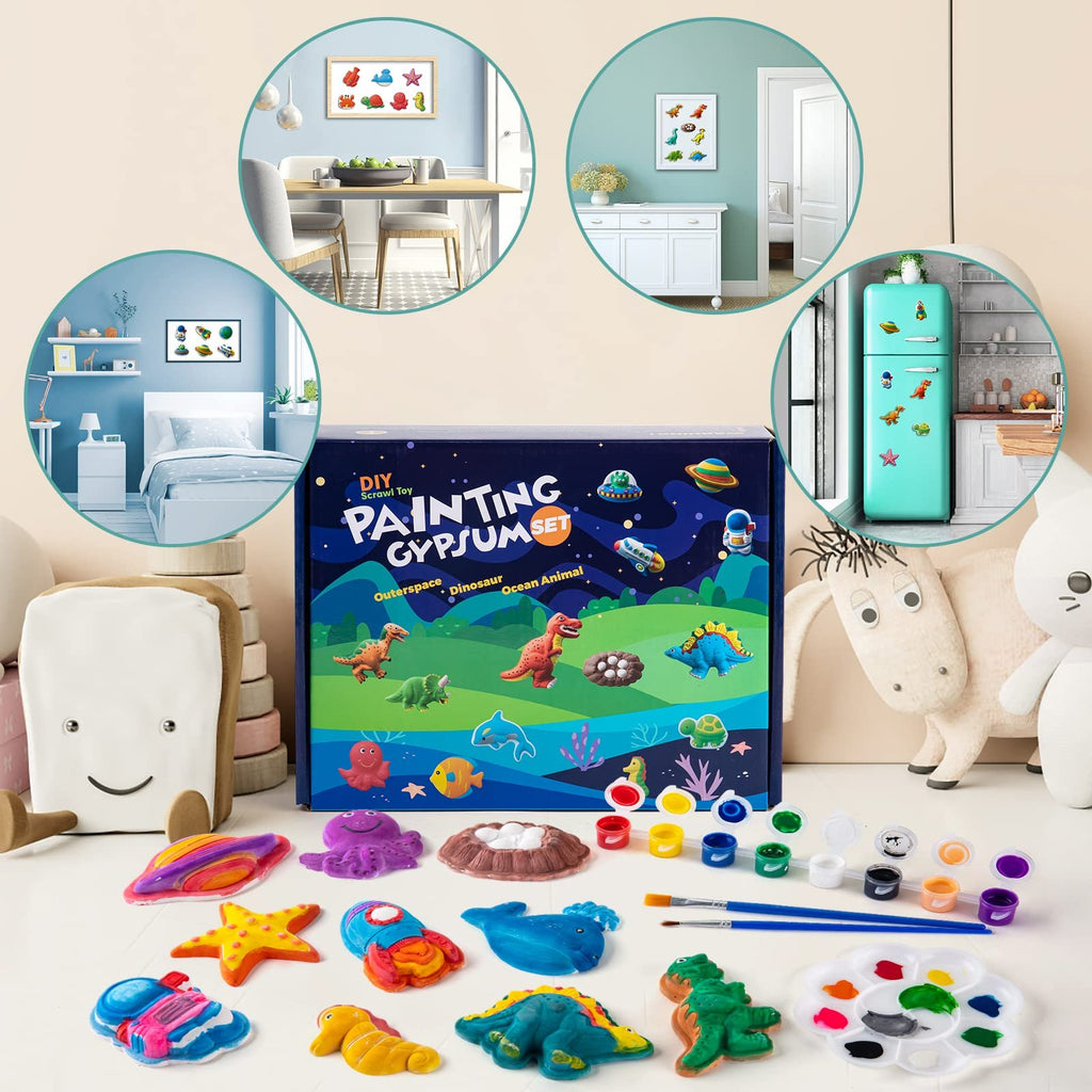 DIY painting gypsum set box with painted figurines, paints, and brushes on a table, surrounded by lifestyle images.