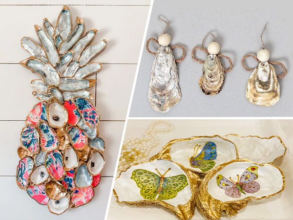 Collage of decorated oyster shells: a pineapple shape, three angel ornaments, and three decorative dishes with butterfly paintings.