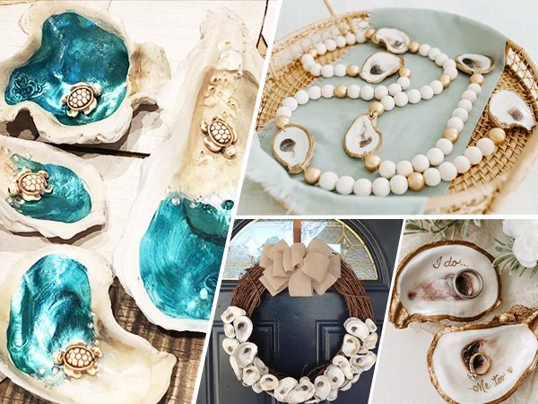 Collage of decorative oyster shells: ocean-themed shells with turtles, beaded garland with oyster charms, oyster shell wreath, and ring dishes with wedding inscriptions.