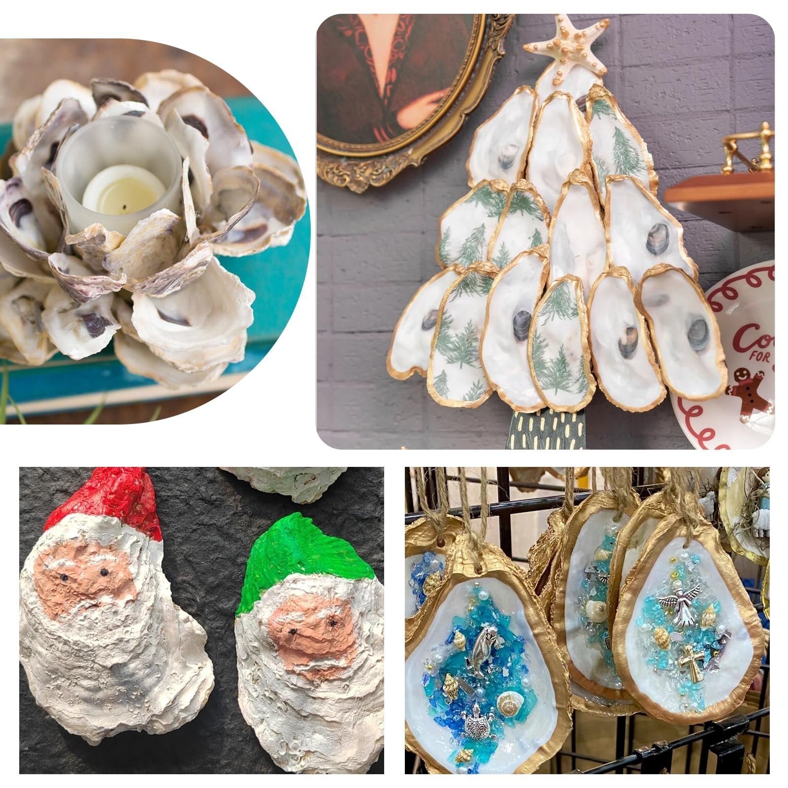 Collage of four crafts made from oyster shells: a candle holder, a Christmas tree, two Santa figures, and decorative ornaments.