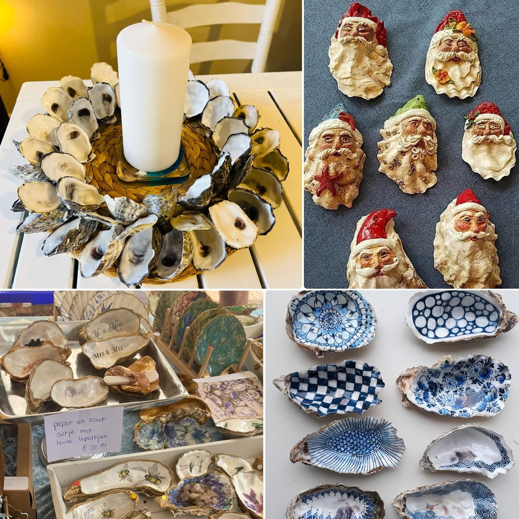Collage of four images showing decorative oyster shells. Top left: oyster shell wreath with a white candle. Top right: collection of Santa Claus ornaments. Bottom left: various decorated oyster shells, some with text, and a price tag. Bottom right: close-up of blue and white patterned oyster shells.