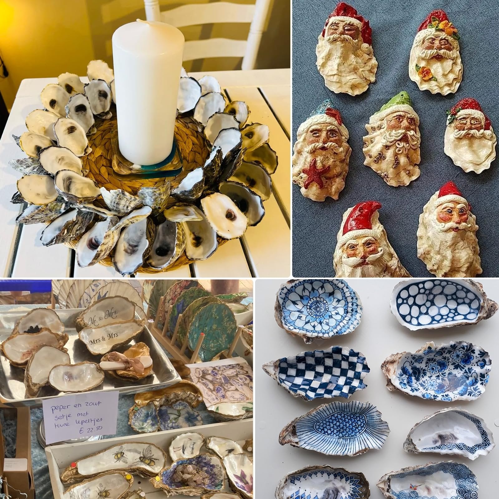 Collage of four images showing decorative oyster shells. Top left: oyster shell wreath with a white candle. Top right: collection of Santa Claus ornaments. Bottom left: various decorated oyster shells, some with text, and a price tag. Bottom right: close-up of blue and white patterned oyster shells.