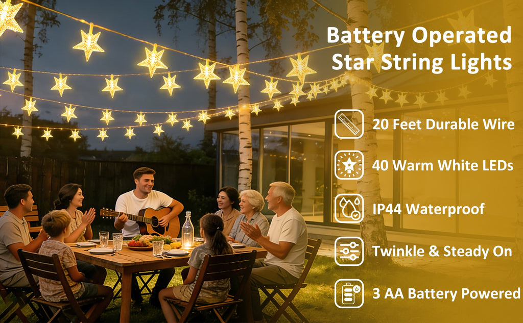 Family gathered for dinner outdoors with warm white star-shaped string lights overhead.