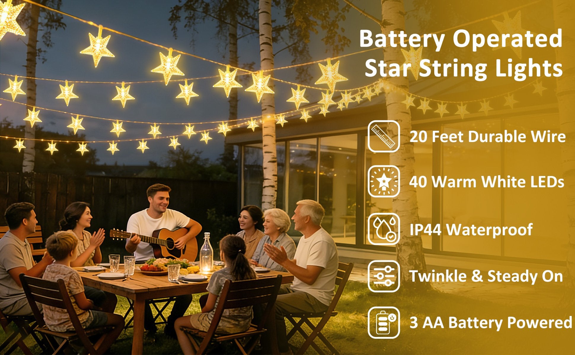 Family gathered for dinner outdoors with warm white star-shaped string lights overhead.