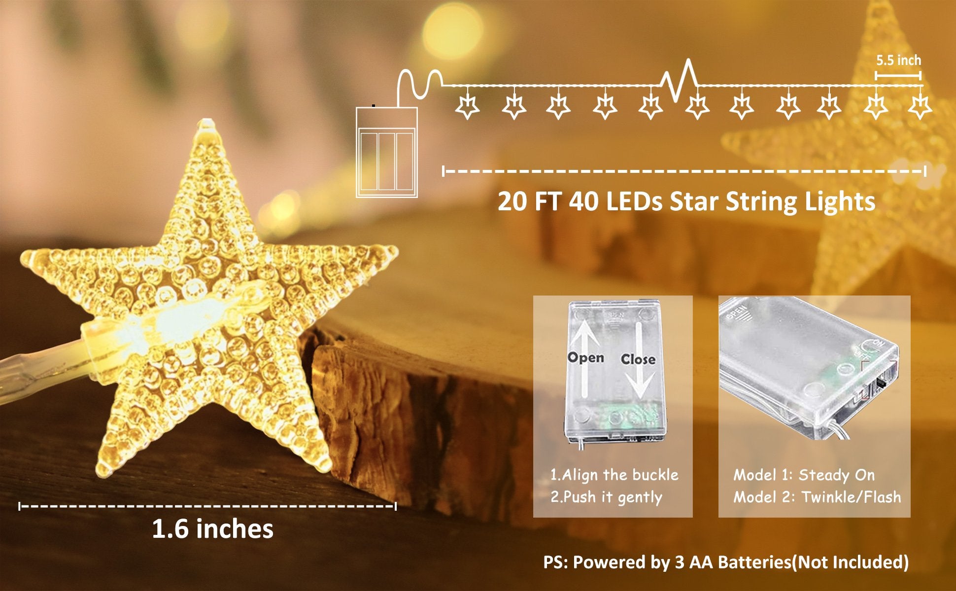 Close-up of a warm white star-shaped LED string light with a diagram showing dimensions and battery pack details.