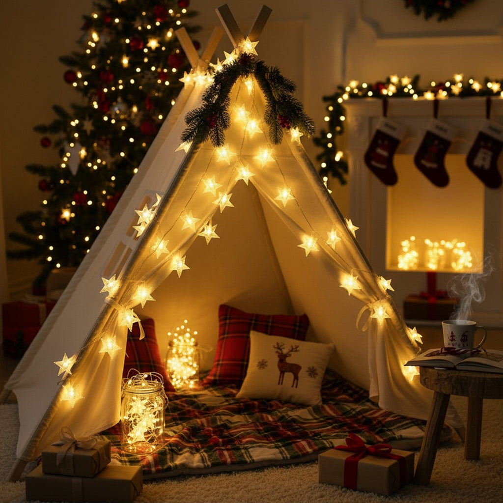 Cozy Christmas scene with a teepee decorated with star string lights, a Christmas tree, stockings on a mantle, and gifts.