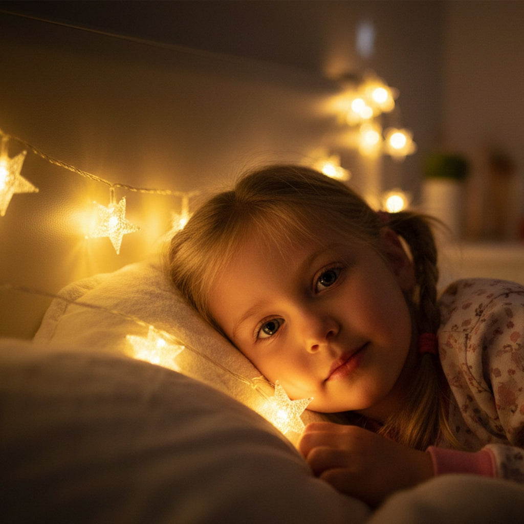 Young girl lying in bed with warm white star-shaped string lights draped around her.