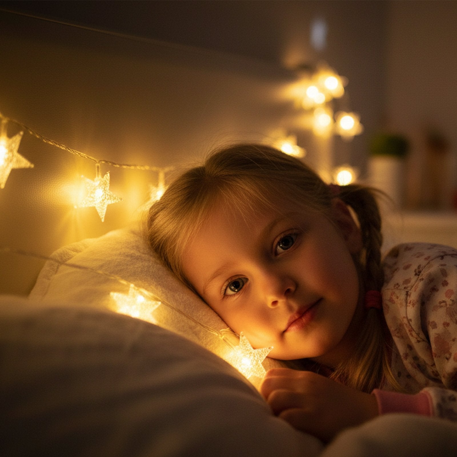 Young girl lying in bed with warm white star-shaped string lights draped around her.