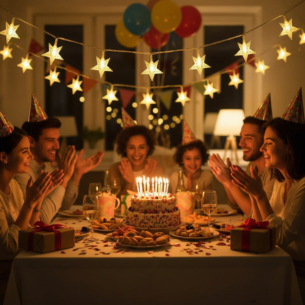 Family celebrating a birthday with a cake and star string lights overhead