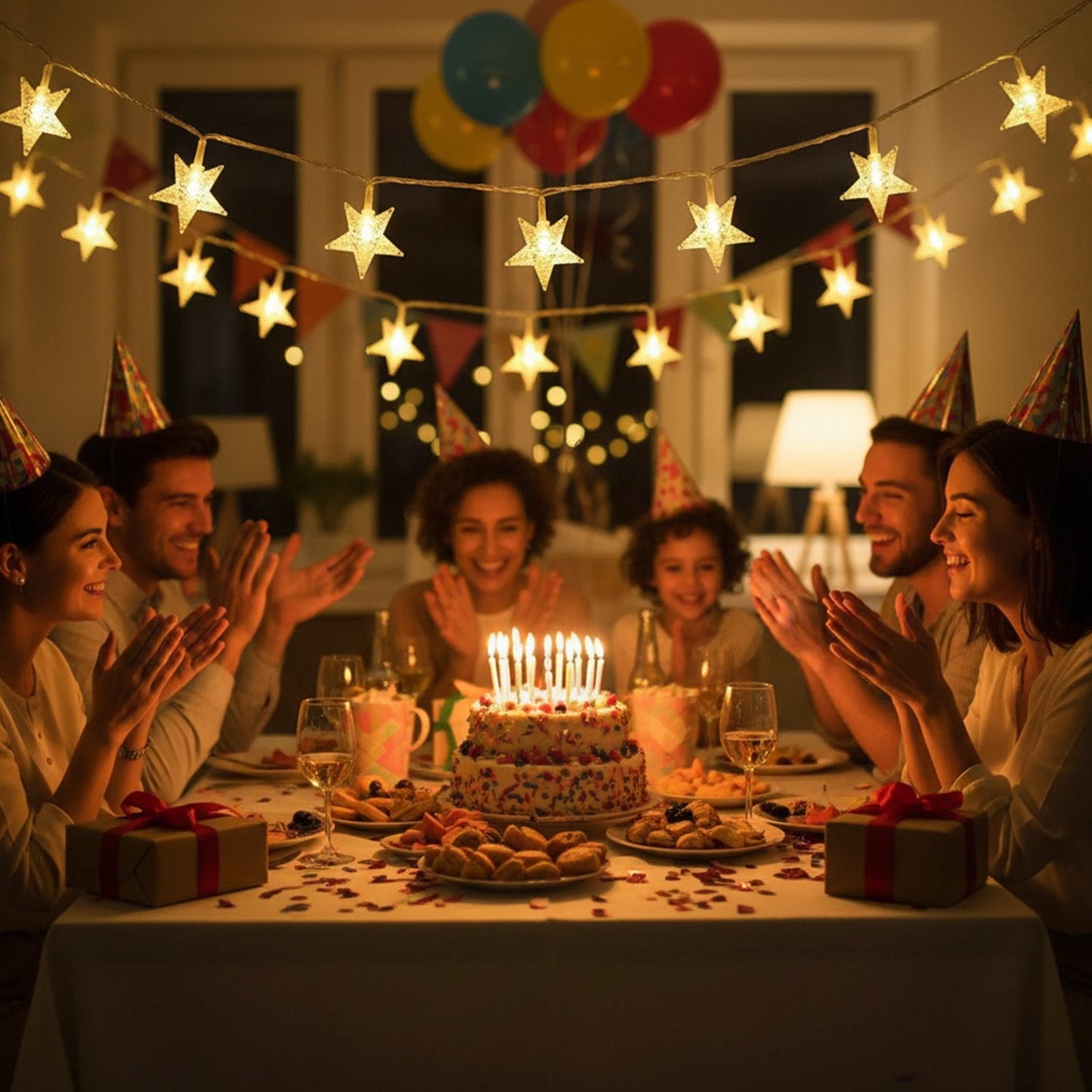 Family celebrating a birthday with a cake and star string lights overhead