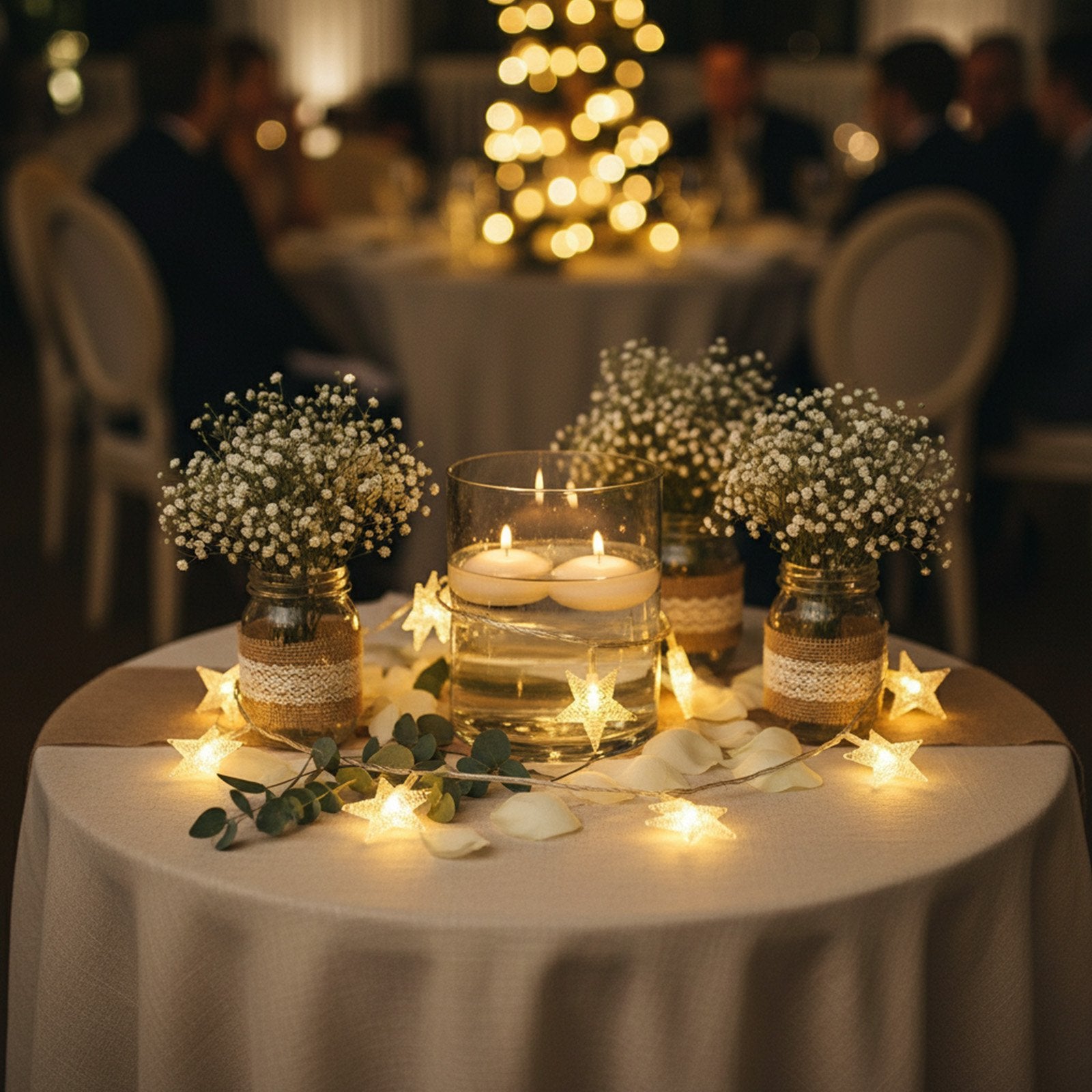 Star string lights decorating a table with flowers and candles, set for an event.