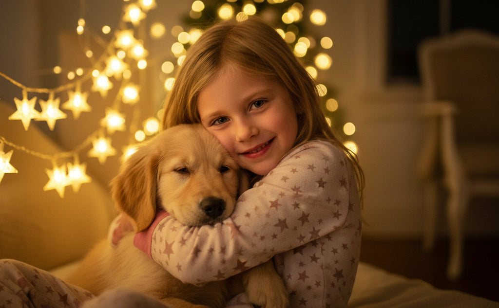 Young girl hugging a golden retriever puppy with star-shaped string lights in the background