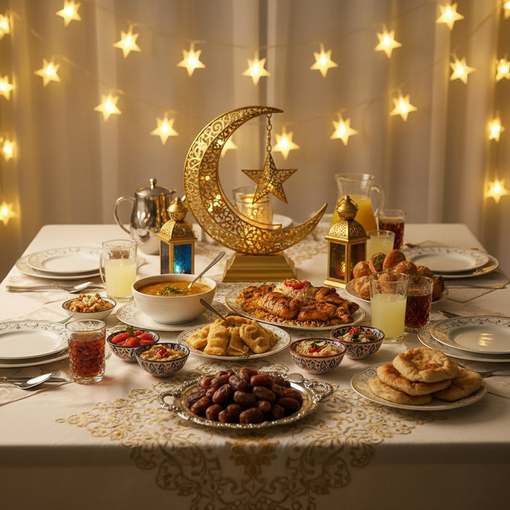 Ramadan Iftar table setting with food, drinks, and decorative crescent moon and star lantern, illuminated by string lights.