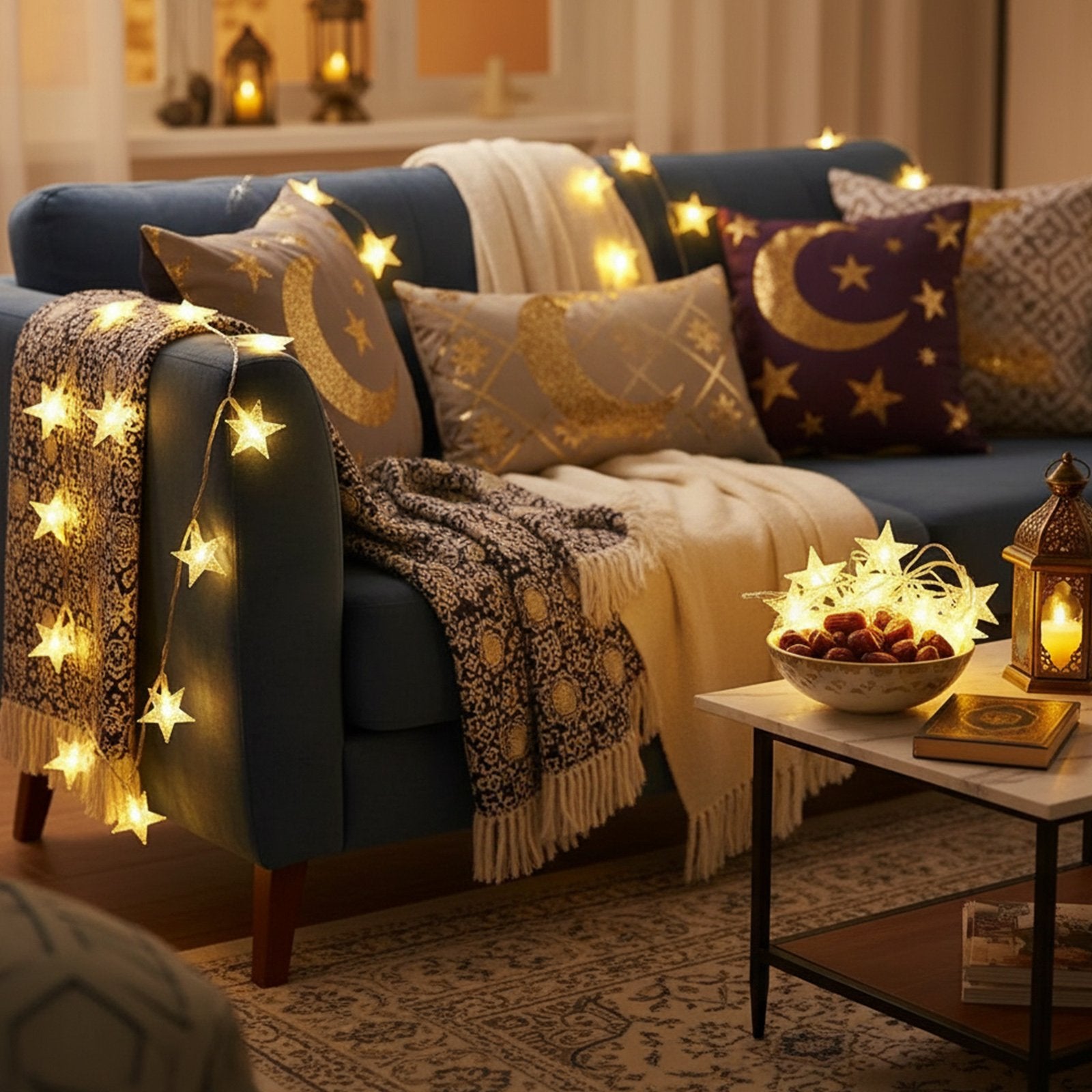 Warm white star string lights draped over a blue couch with decorative pillows and throws, creating a cozy ambiance.
