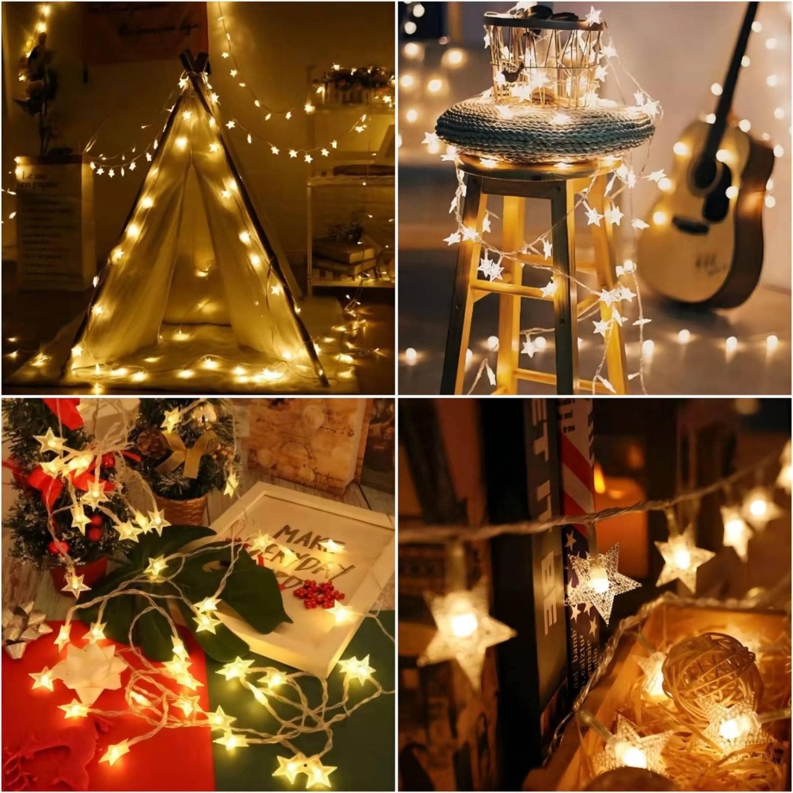 Collage of warm white star string lights decorating various scenes: inside a teepee, around a stool with a guitar, near a Christmas tree, and in a wooden box.