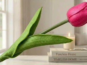 Close-up of a single hot pink artificial tulip stem with green leaves, resting on books next to a lit candle.