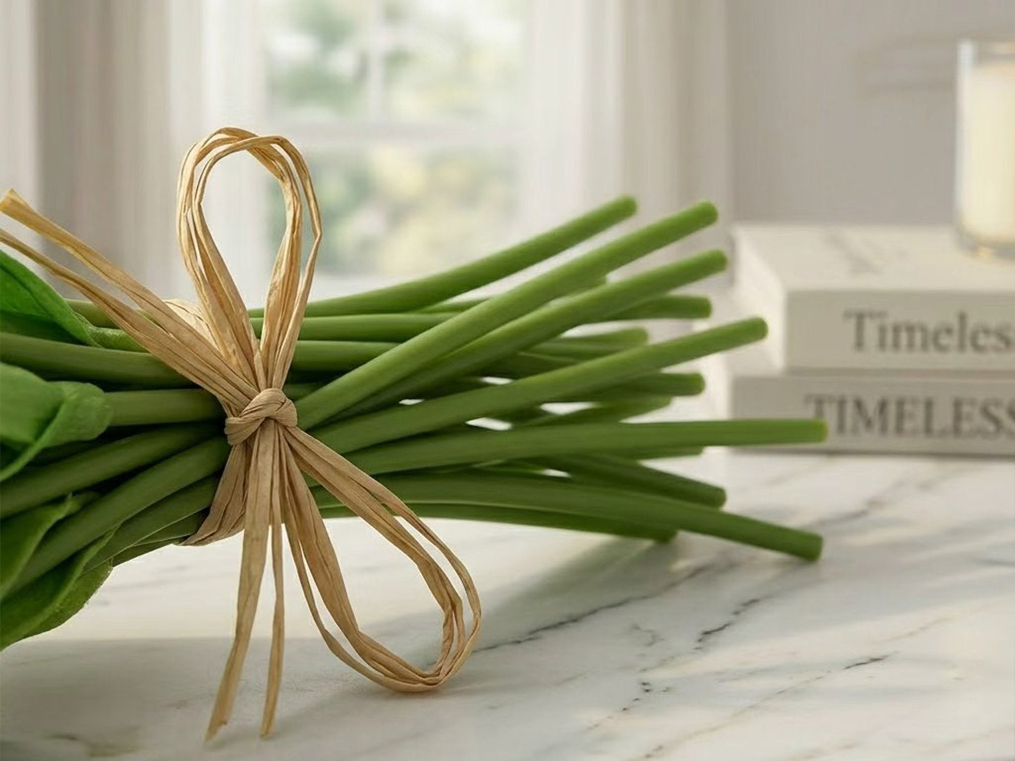 Bundle of 20 artificial tulip stems with green stalks tied with raffia, on a marble surface.