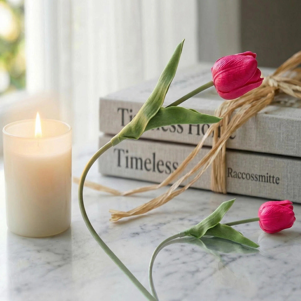 Two hot pink artificial tulip stems with green leaves on a marble surface next to a lit candle and books.