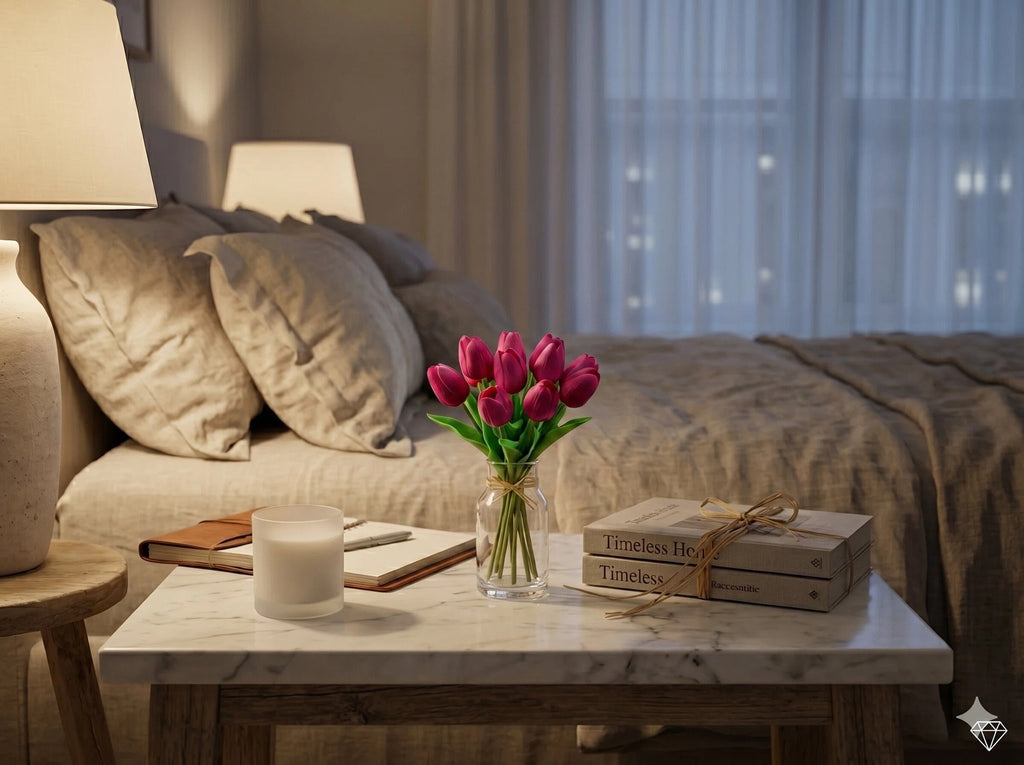 A bouquet of hot pink artificial tulips in a glass vase sits on a marble-topped table next to a candle and books.