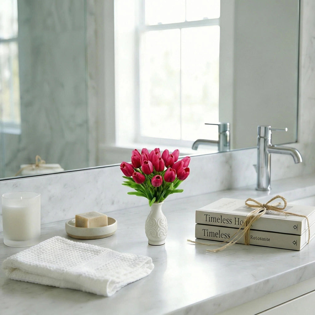 Bouquet of hot pink artificial tulips in a white vase on a marble countertop with books and a towel
