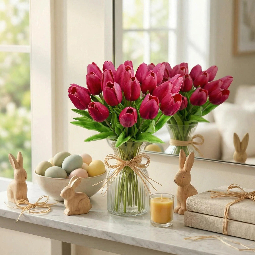 A vase of hot pink artificial tulips sits on a marble surface with Easter decor, including wooden bunnies and pastel eggs.