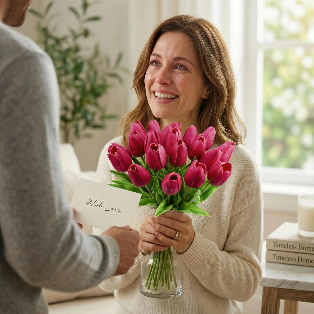 Woman receiving a bouquet of hot pink artificial tulips and a card that says 'With Love'