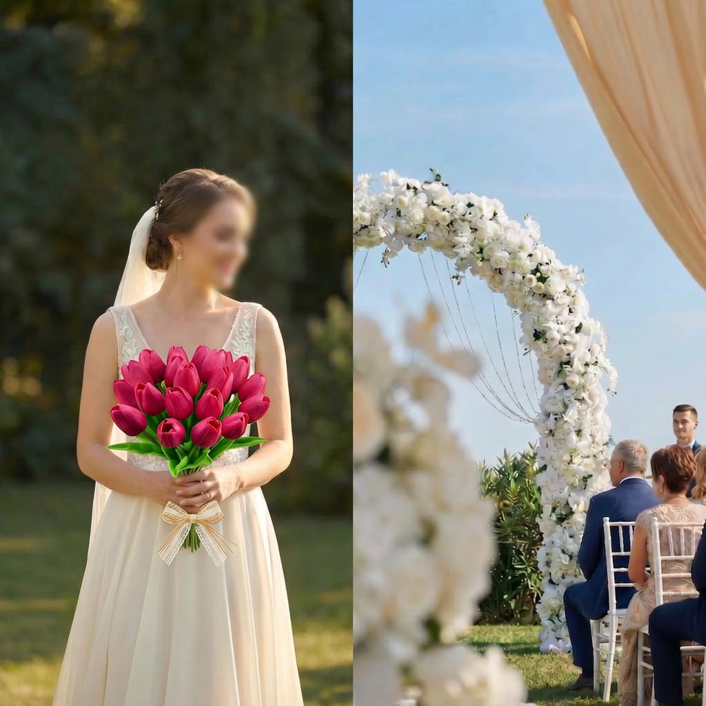 Bride holding a bouquet of hot pink artificial tulips with a gold and white bow, next to a wedding ceremony arch.