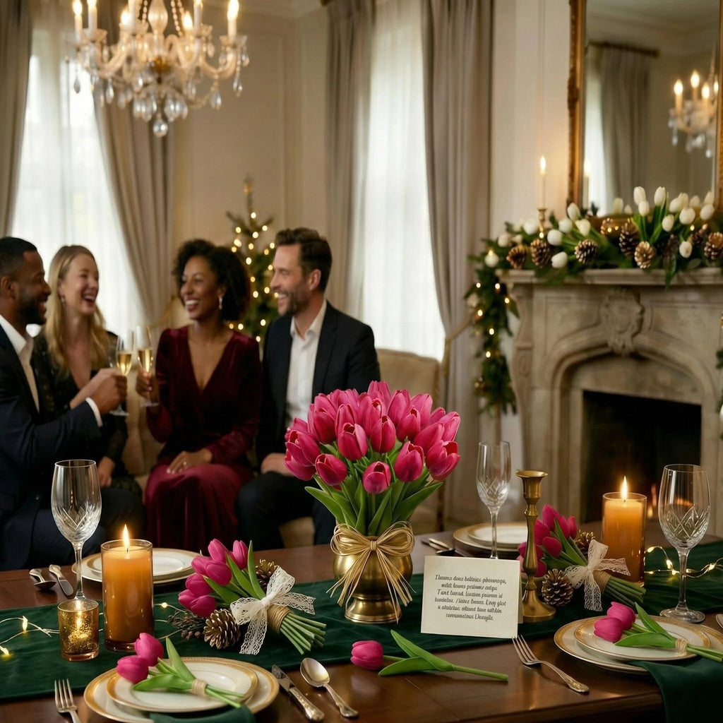 A formal dining table set for a holiday meal with a bouquet of hot pink tulips and a fireplace decorated with greenery and white tulips.