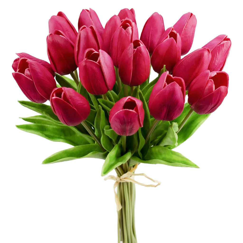 Bouquet of 20 hot pink artificial tulip stems with green leaves tied with raffia