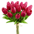 Bouquet of 20 hot pink artificial tulip stems with green leaves tied with raffia