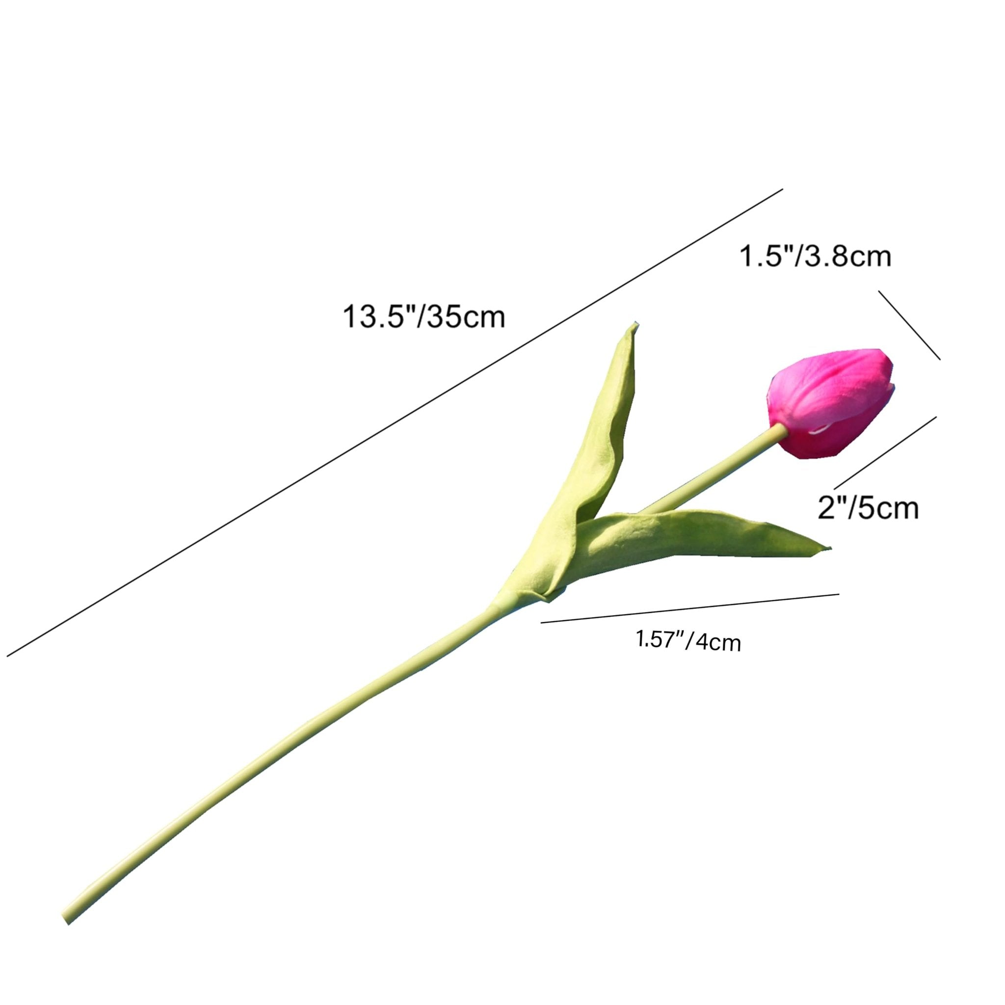 Single hot pink artificial tulip stem with dimensions indicated by measurement lines and text.