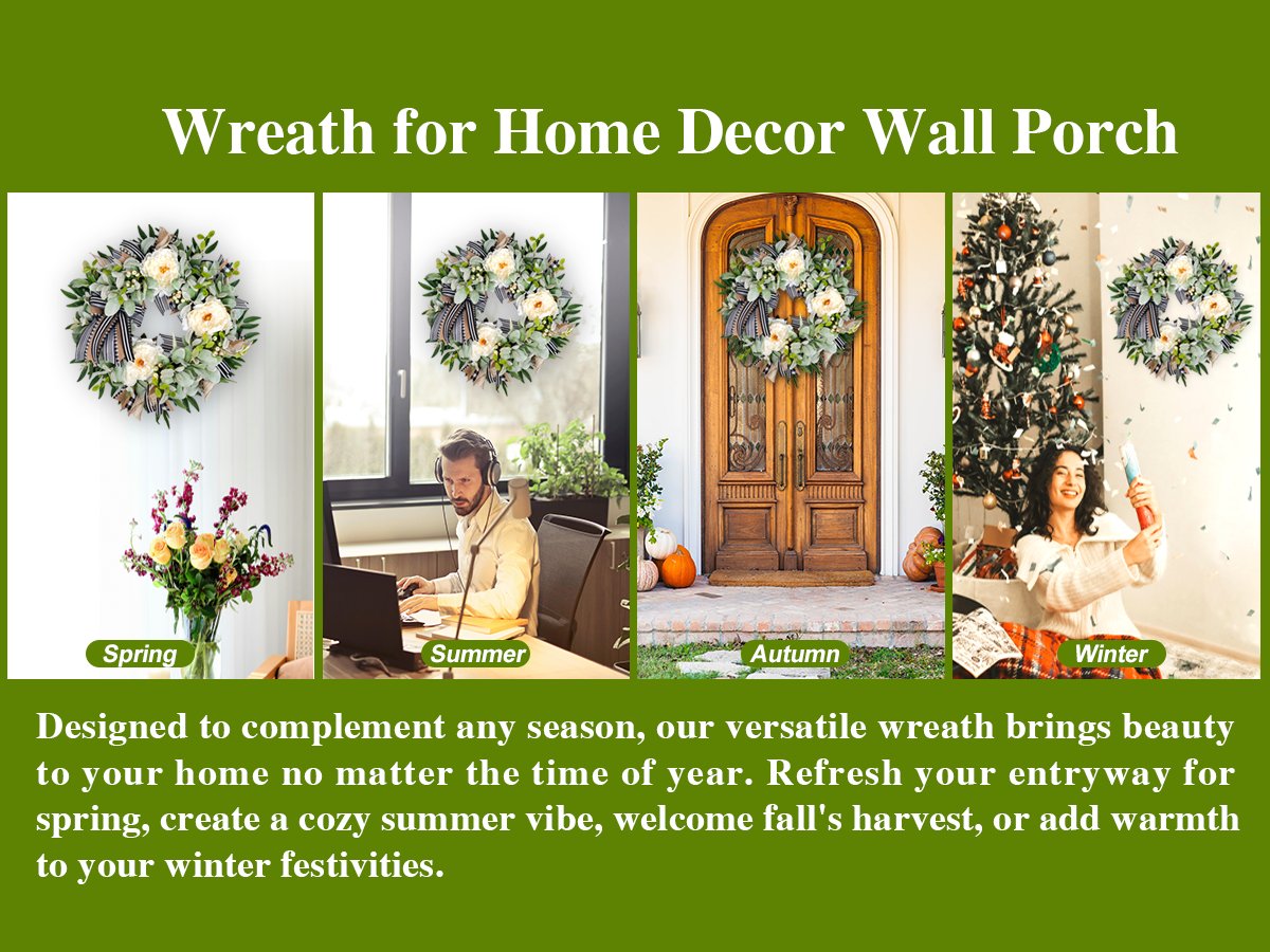 Collage of artificial lamb's ear wreath with peonies and berries displayed for spring, summer, autumn, and winter seasons.