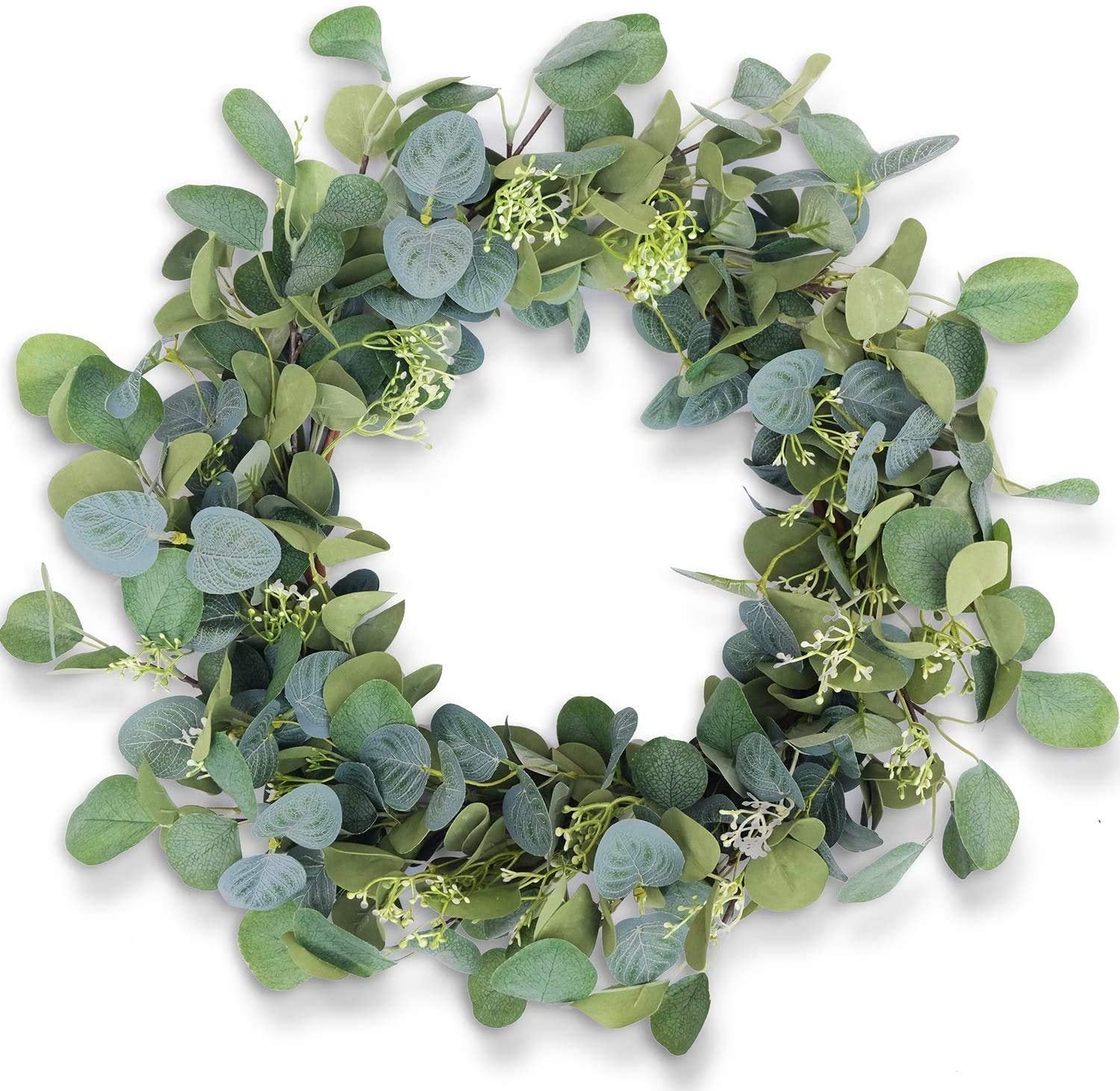 20-inch artificial eucalyptus wreath with silk leaves and small white flowers on a metal base, shown from a top-down angle on a white background.