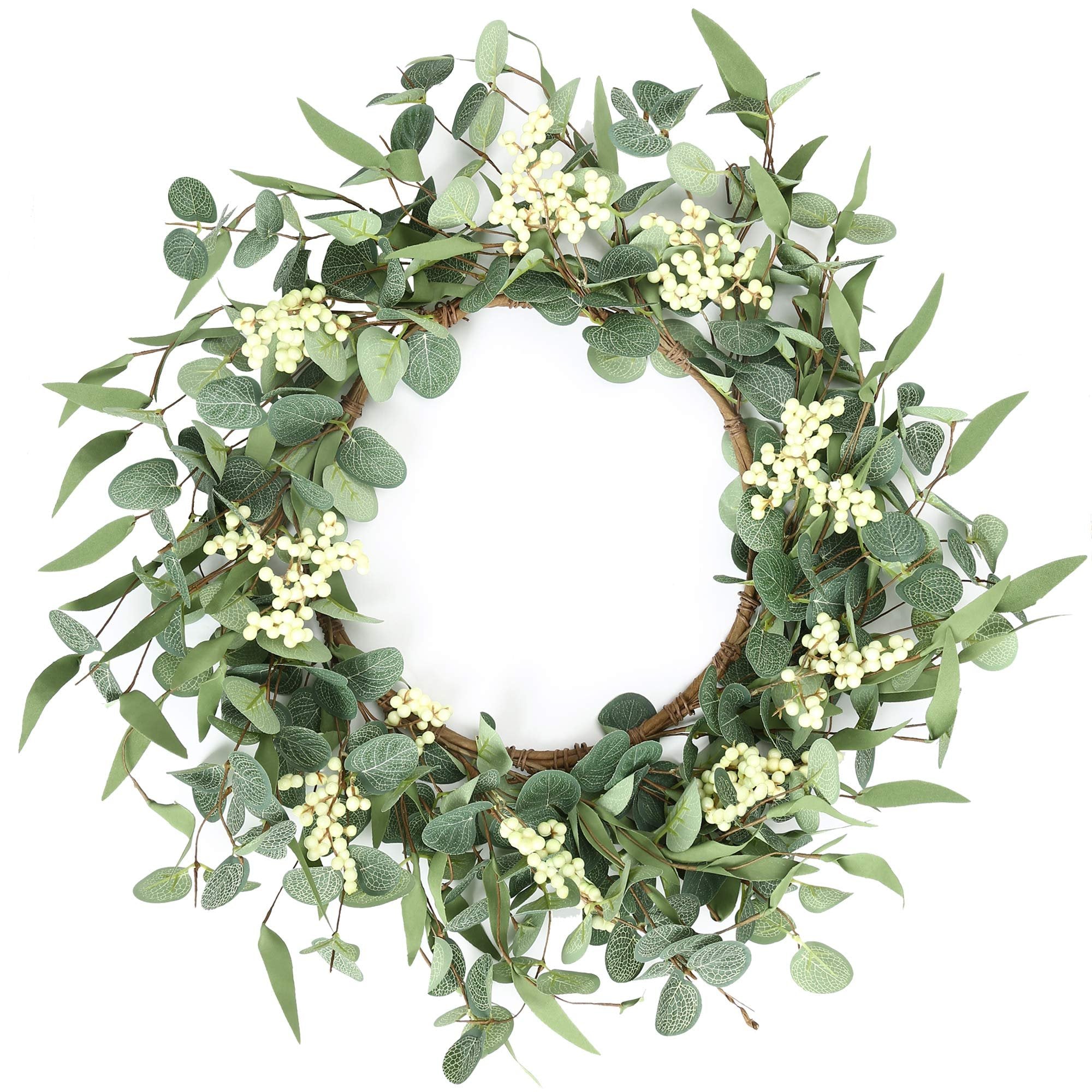 Eucalyptus wreath with white berries on a white background, showing multiple leaf types and a woven base.