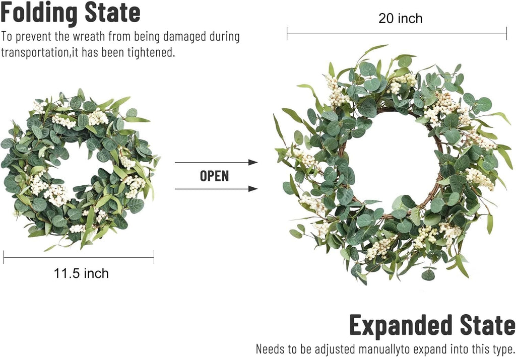 Eucalyptus wreath shown in folding and expanded states with size indicators.